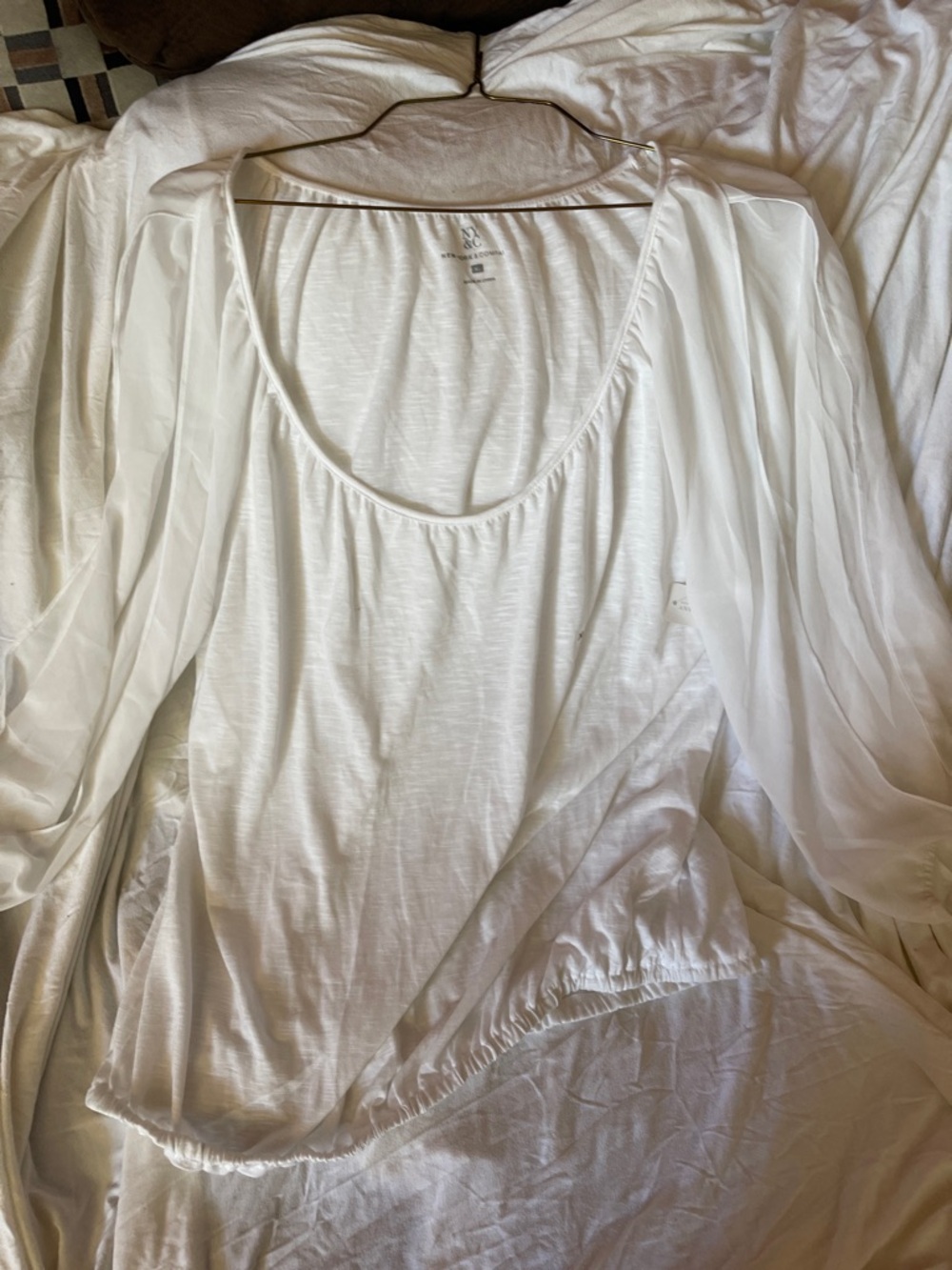 New York & Company White Sheer-Sleeve Scoop Neck Blouse